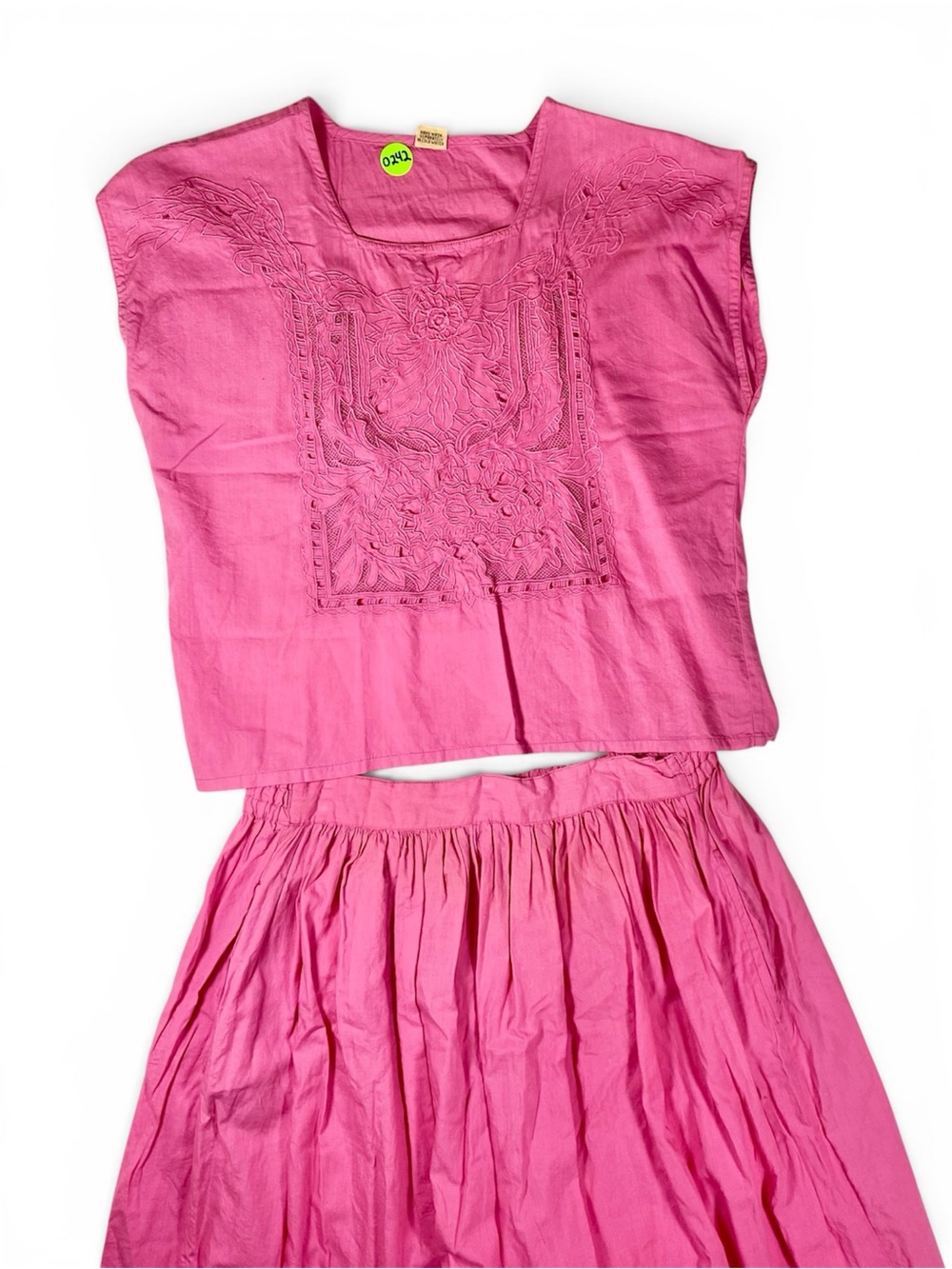 VTG Pink Embroidered Floral Top & Skirt Set M Sleeveless Low Rise Elastic Waist